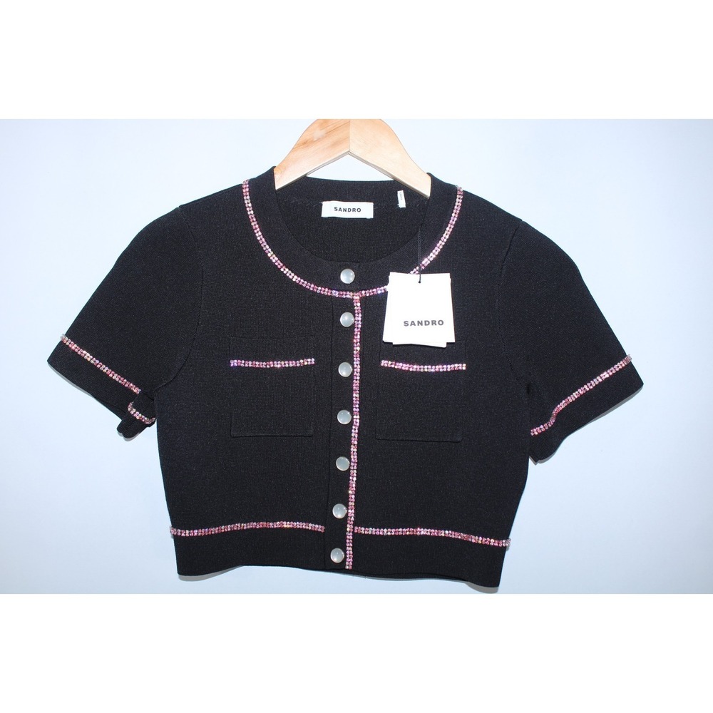 NWT Sandro Paris Women's Size 0 Black Short Sleeve Cropped Elsa Cardigan